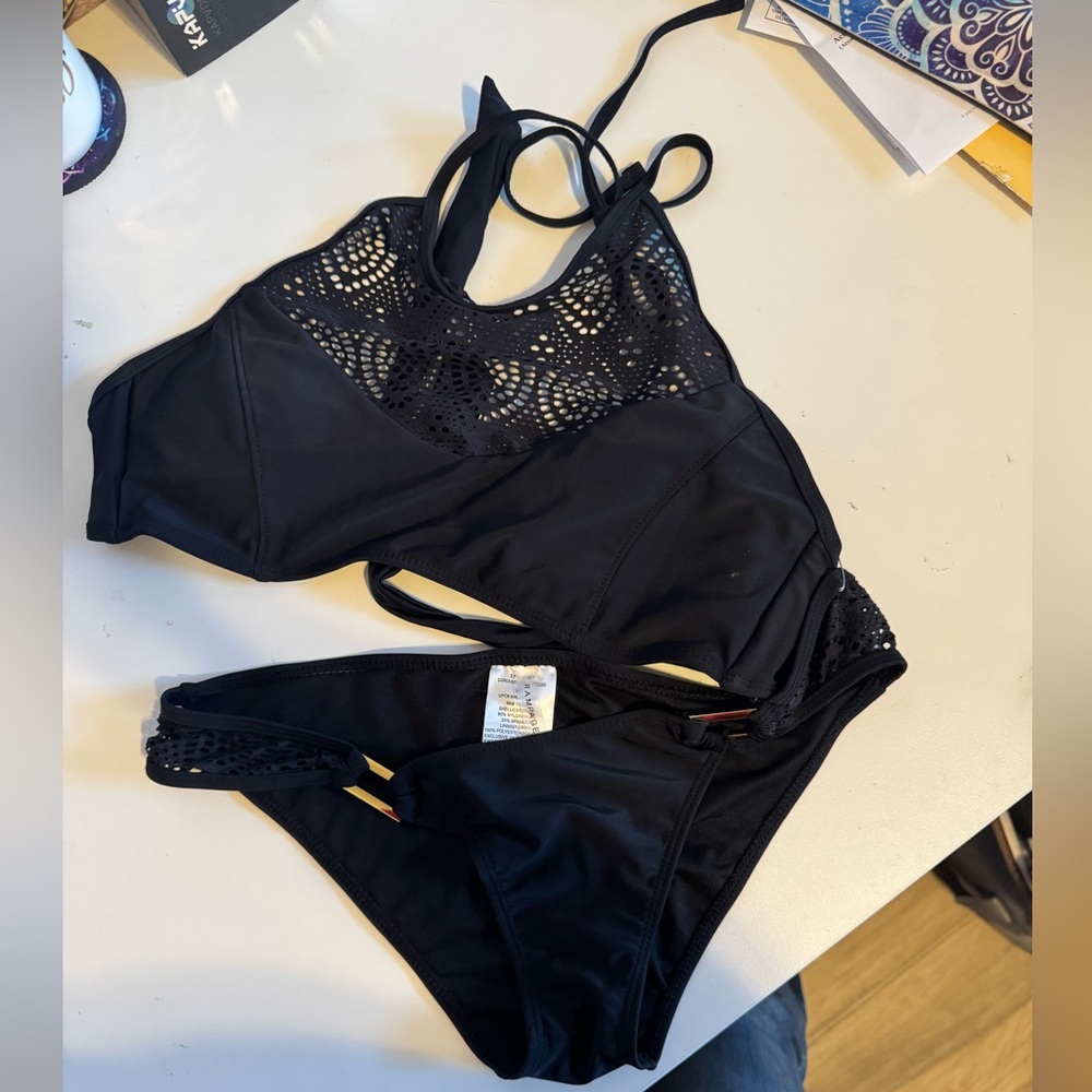 Black two piece bikini Rampage brand with gold accent